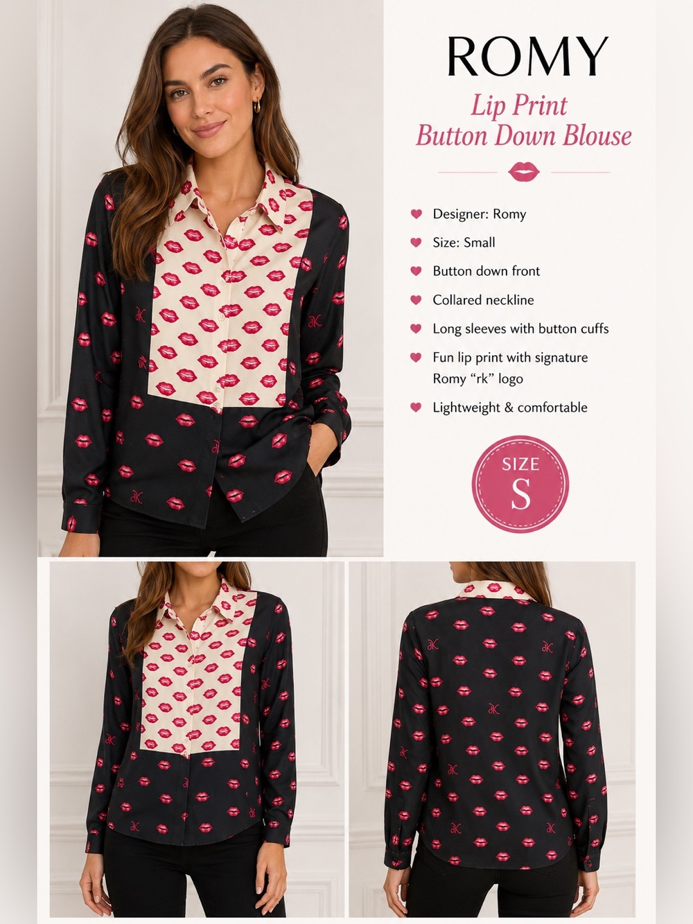 NWT Romy Lip Print Button Front Blouse SZ S Black Pink Kiss Collared Shirt Chic